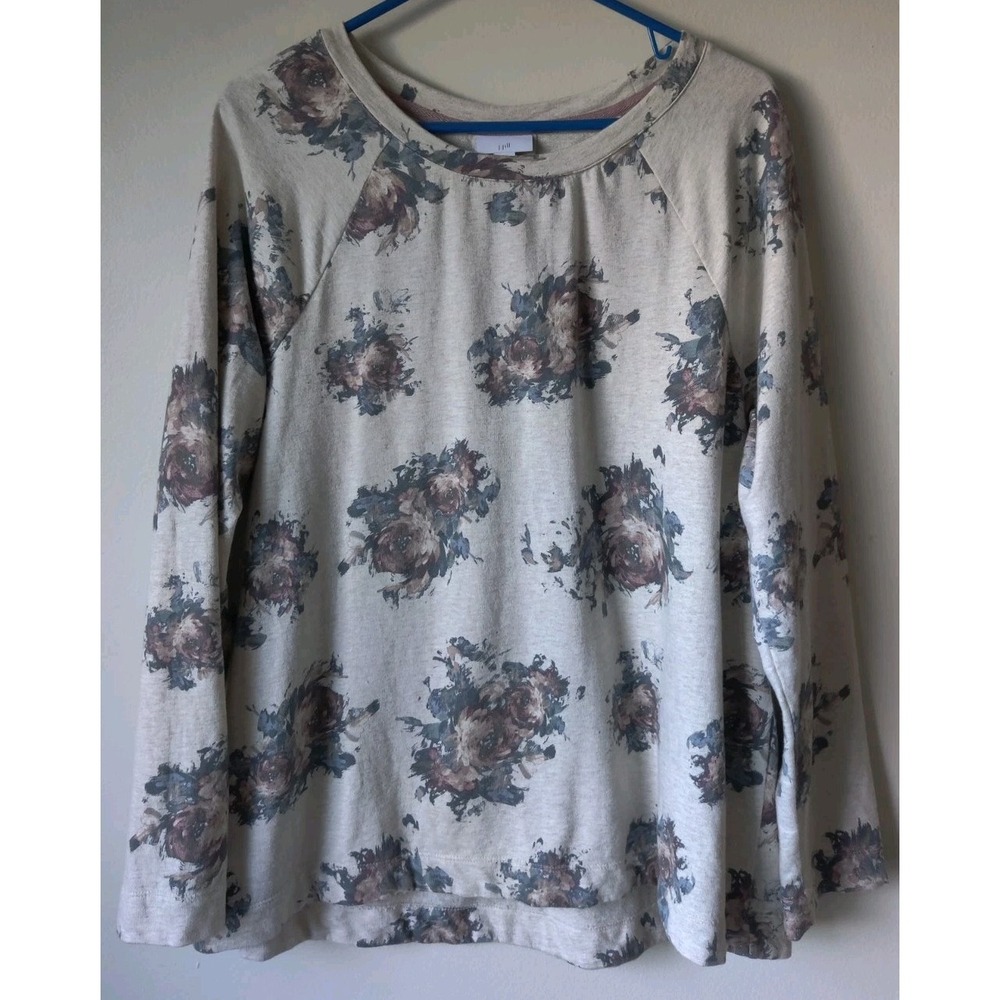 J.Jill Pure Jill Watercolor‎ Floral Pullover Sweater Tan/Blue 100% Cotton Size L